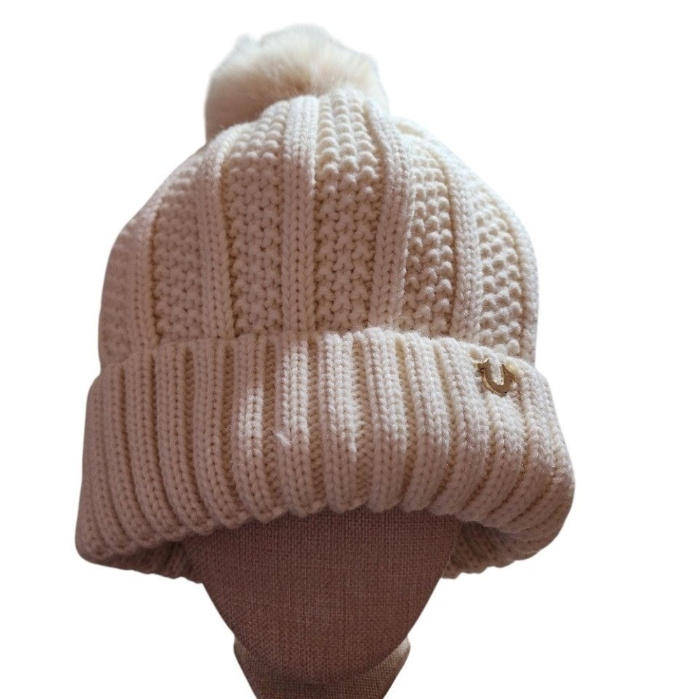 True Religion White Ivory Ribbed Knit Faux Fur Pom Pom Beanie Hat One Size